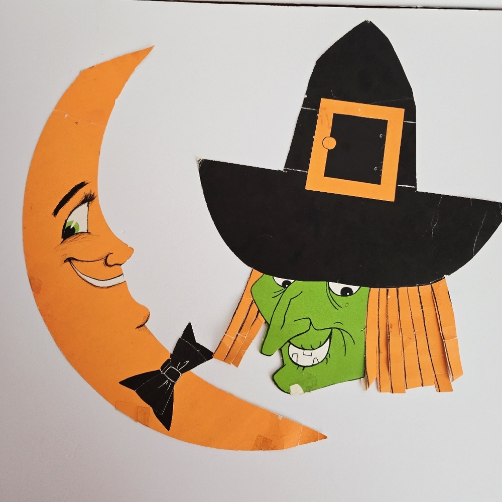 Vintage Halloween Die Cut Paper Wall Decorations Neon Witch Moon 70s Lot of 2